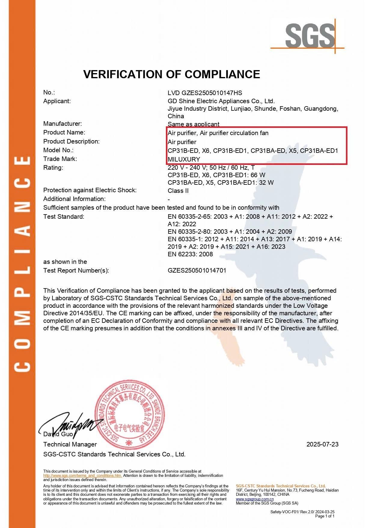 Chứng nhận SGS Verification of Compliance có liệt kê thương hiệu MILUXURY và model X6